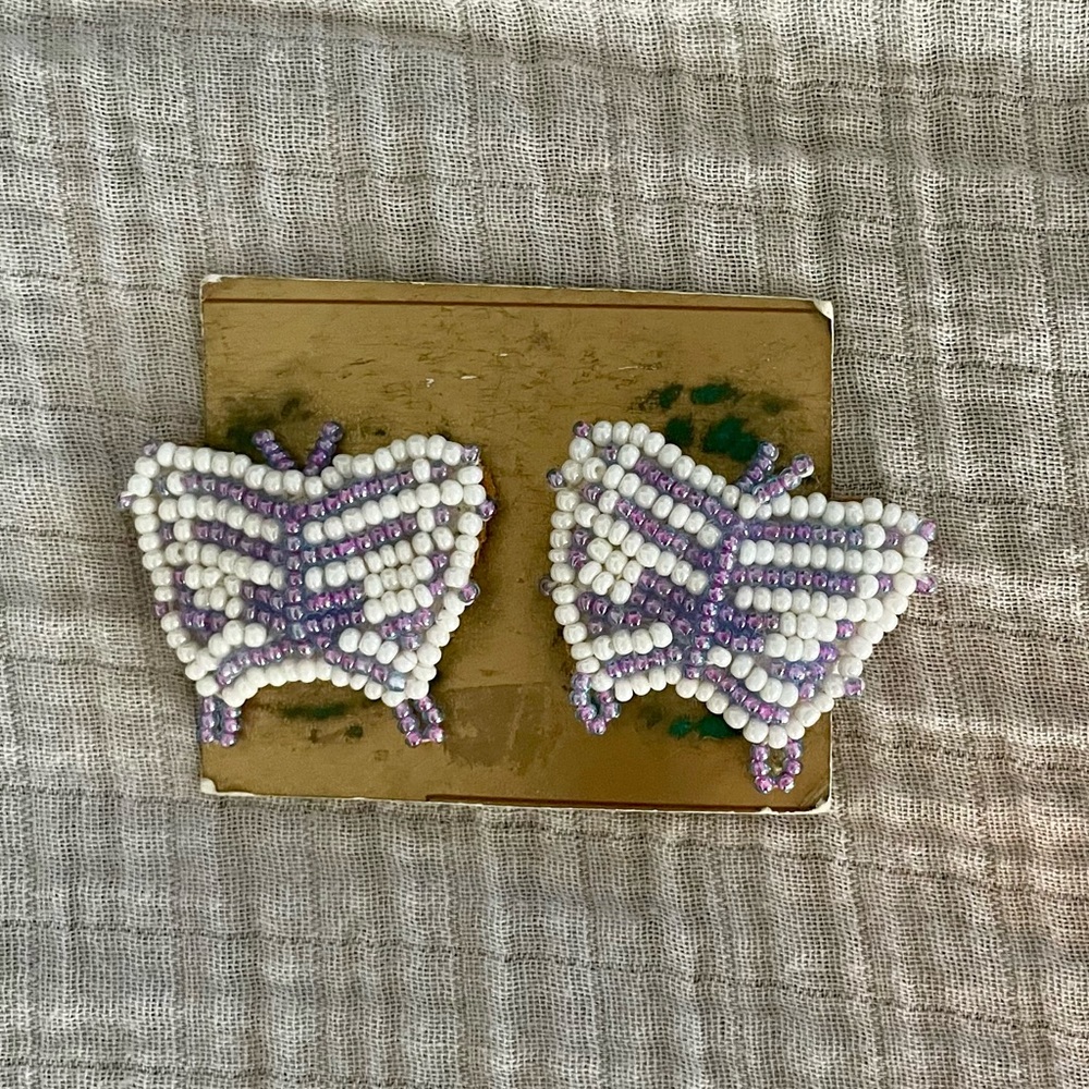 Elegant Purple and White Beaded Butterfly Earrings